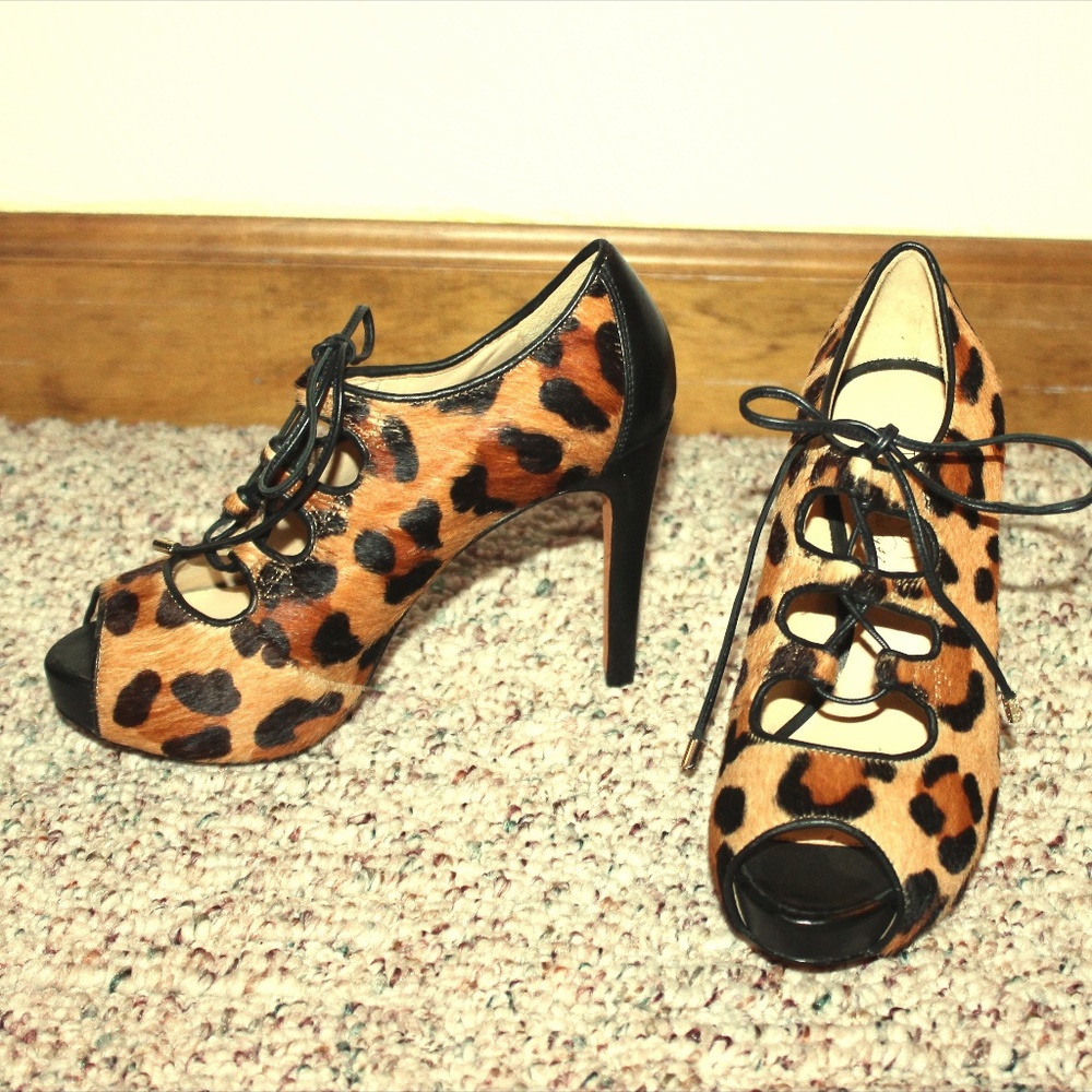 Talbot's Animal Print Peep Toe Lace-Up Heels